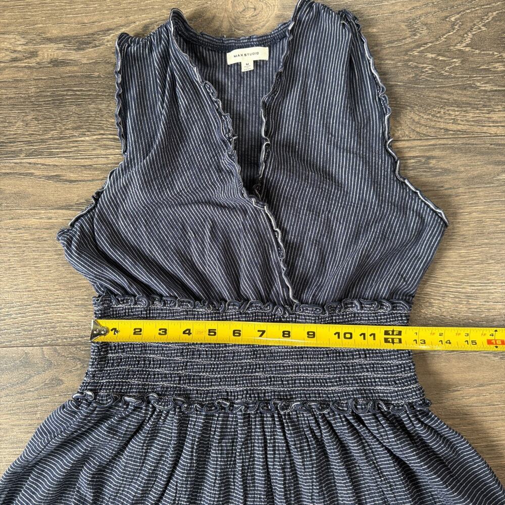 Max Studio Sz M Navy Pinstripe Tiered Dress Smocked Waist Boho Romantic Ruffle - Picture 9 of 10